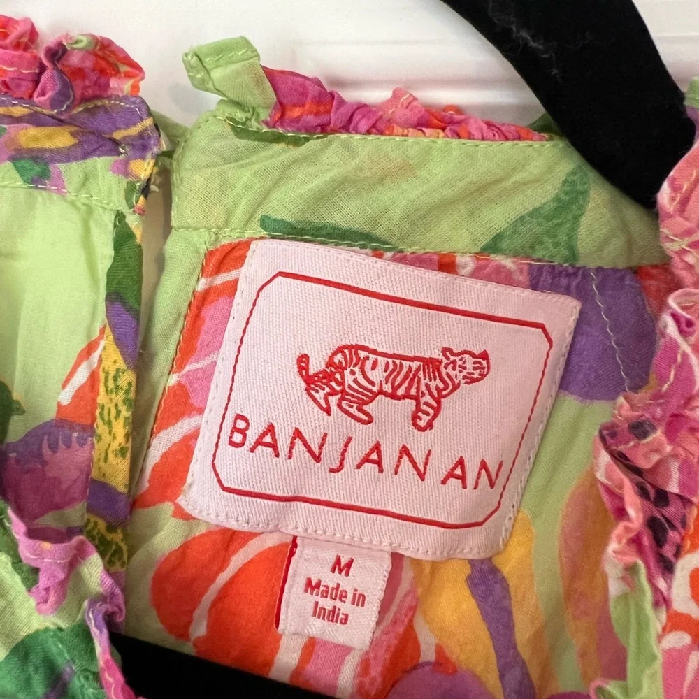 Banjanan Green Floral Short Sleeve Blouse with Pink & Orange Accents - Picture 3 of 3